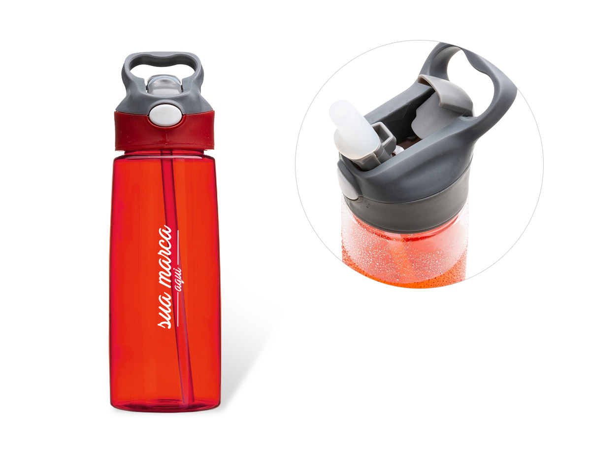 Squeeze 650ml plástico com acionador para abertura. Material plástico transparente, possui tampa rosqueável com alça e botão acionador com proteção plástica para o bico.