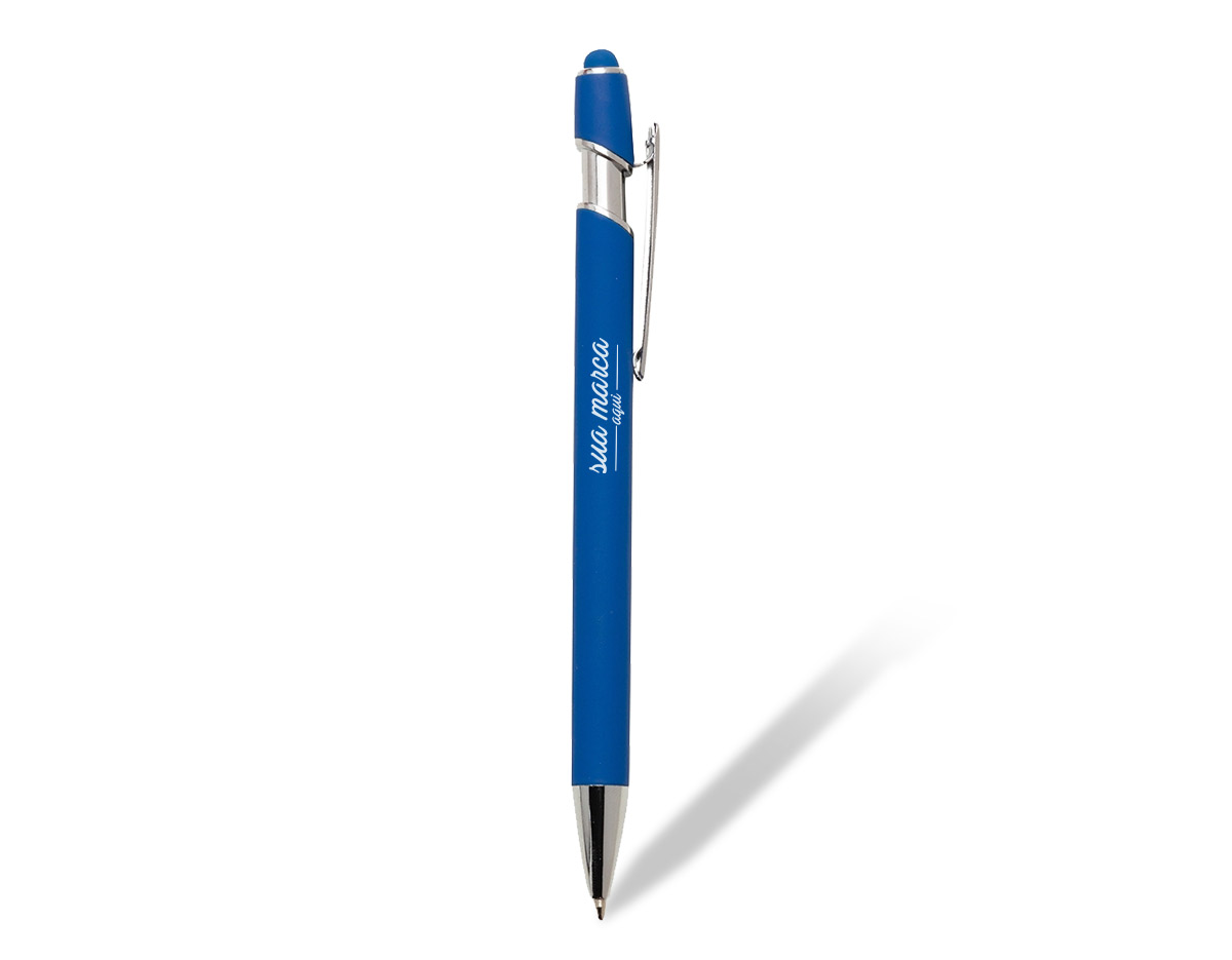 Caneta metal com ponteira touch. Corpo com pintura colorida e acabamento emborrachado, acionador com borracha touch e clip metálico com detalhe brilhante. Aciona por clique.																						Can			