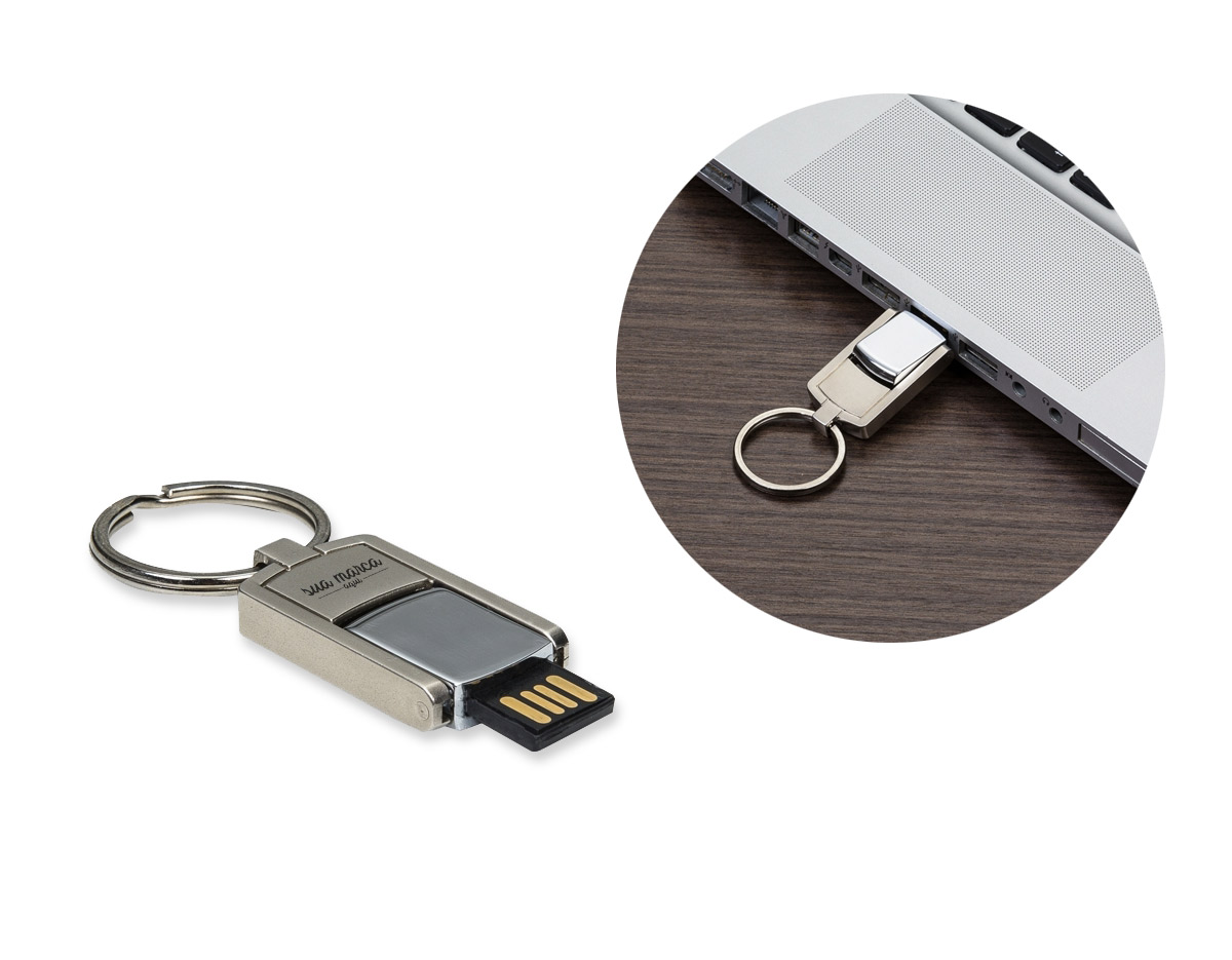 Mini pen drive chaveiro 16GB prata fosco com tampa metak brilhante, acompanha chaveiro.