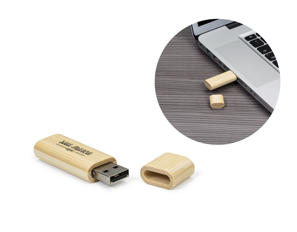 Pen drive de bambu 4gb, formato retangular porém as pontas e laterais são arredondadas. Tampa com imã.