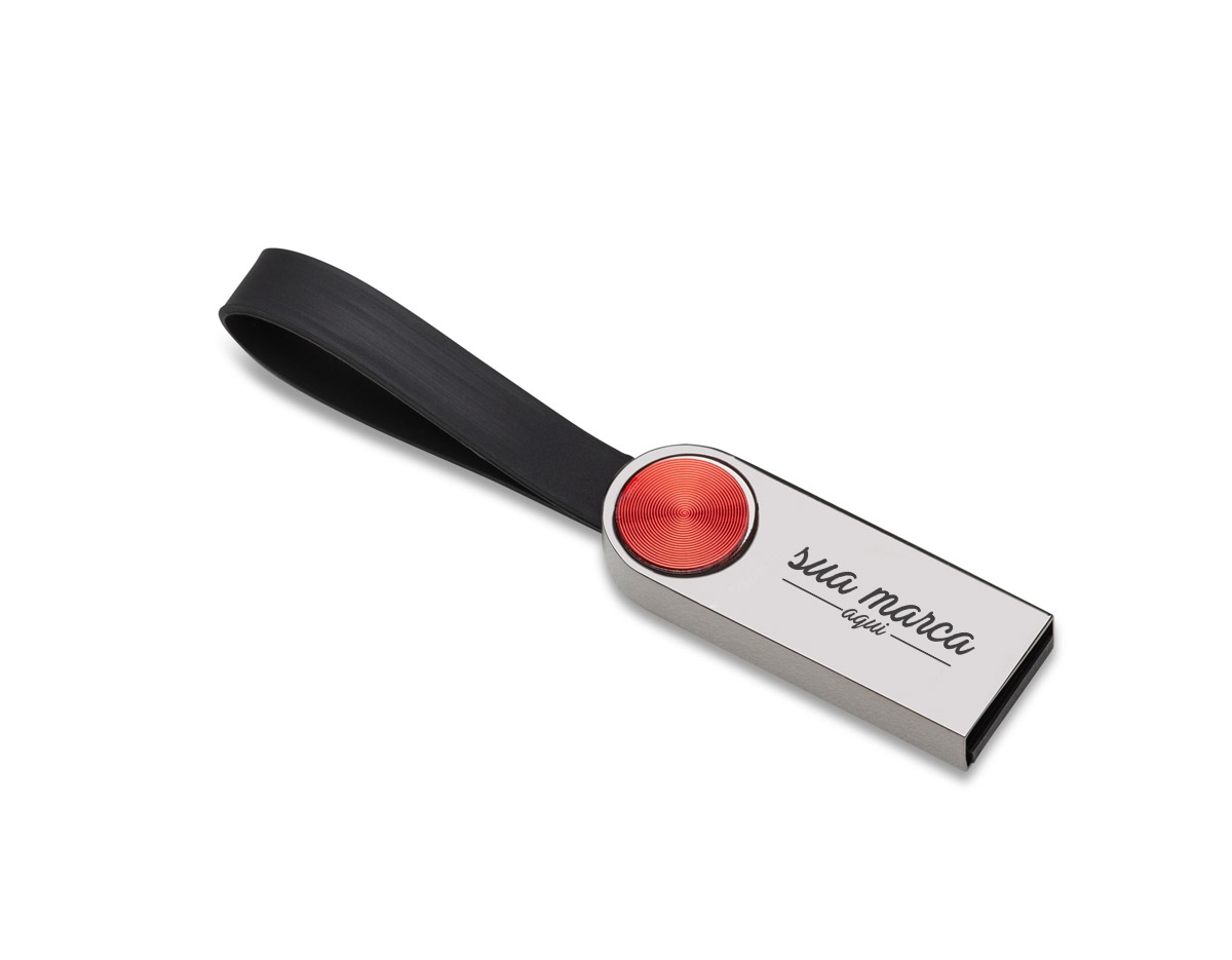 Pen drive metálico na cor grafite com detalhe circular vermelho na parte frontal e verso liso, possui alça emborrachada preta. Capacidades de 4GB 