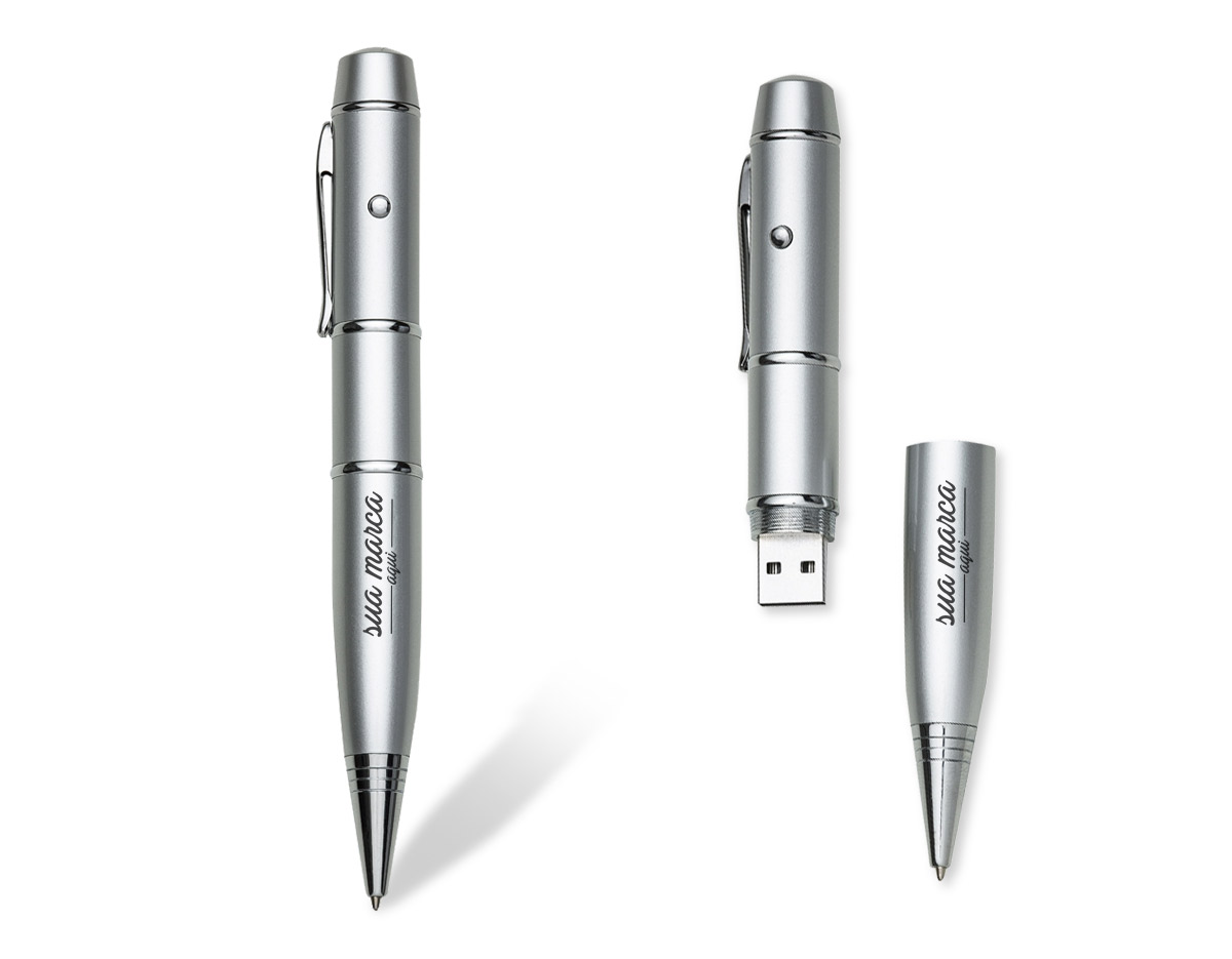 Caneta pen drive 4GB metálica com laser e esferográfica. Clip de metal e botão do laser com lacre, ao desrosquear anel abaixo do clip abre compartimento das baterias(acompanha 3 LR1130) e ao desrosquear o anel abaixo abre compartimento do pen drive. Para utilizar a esferográfica basta rotacionar a ponteira.