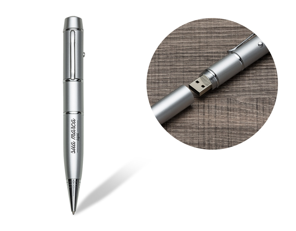 Caneta pen drive 4GB metálica com laser e esferográfica. Clip de metal e botão do laser com lacre, ao desrosquear anel abaixo do clip abre compartimento das baterias(acompanha 3 LR1130) e ao desrosquear o anel abaixo abre compartimento do pen drive. Para utilizar a esferográfica basta rotacionar a ponteira.