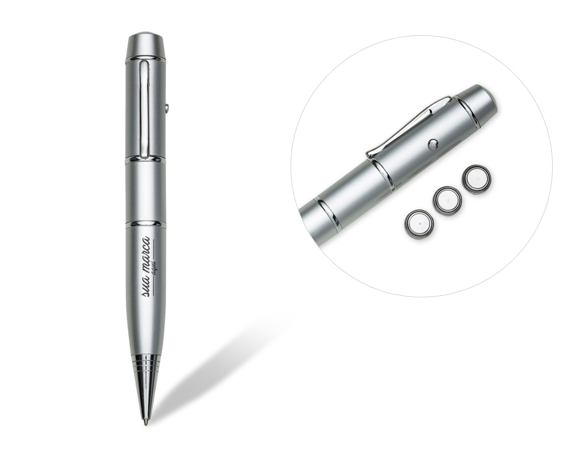 Caneta pen drive 4GB metálica com laser e esferográfica. Clip de metal e botão do laser com lacre, ao desrosquear anel abaixo do clip abre compartimento das baterias(acompanha 3 LR1130) e ao desrosquear o anel abaixo abre compartimento do pen drive. Para utilizar a esferográfica basta rotacionar a ponteira.