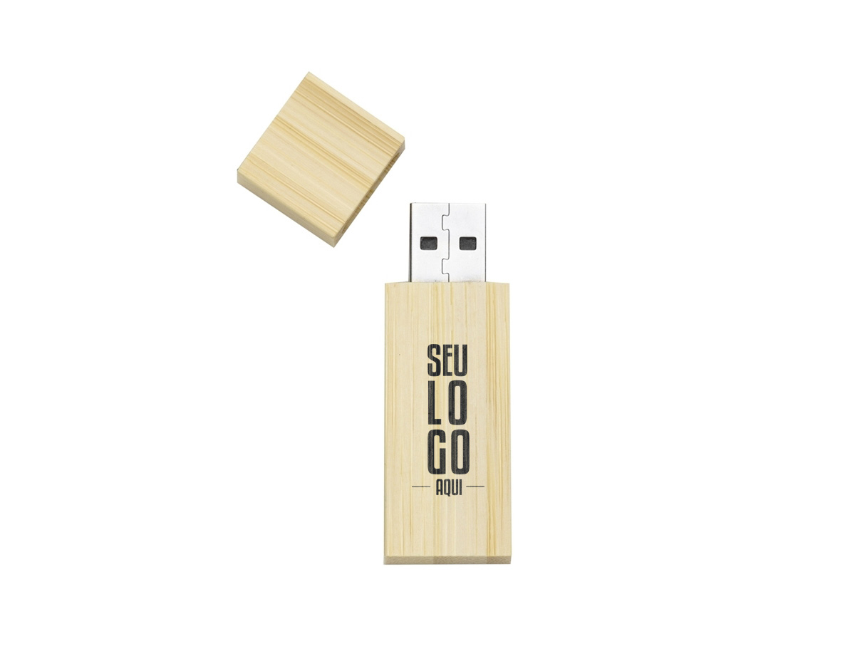 Conjunto estojo e pen drive bambu disponível nas capacidades de 8GB, 16GB  Estojo com tampa imantada e berço de espuma.