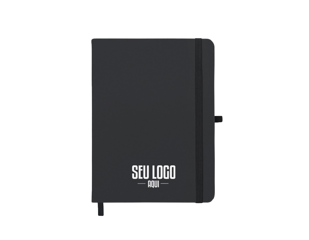 Caderneta tipo moleskine emborrachado com porta caneta em nylon, marcador de página em cetim e fita elástica para lacre. Contém aproximadamente 80 folhas pardas com pauta.