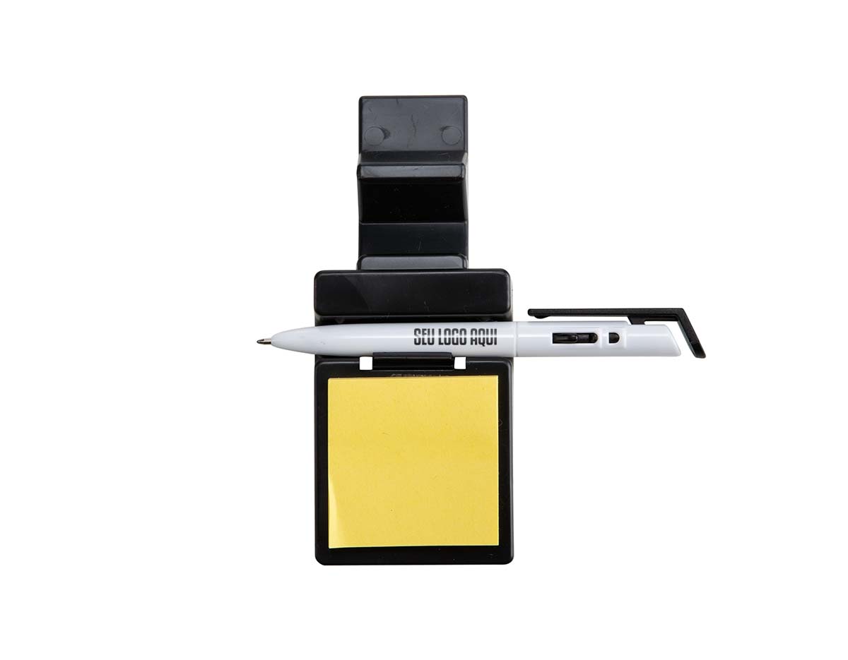 Suporte plástico para celular com caneta plástica e bloquinho de rascunho. Suporte colorido com encaixe para caneta e celular, acompanha bloquinho amarelo com aproximadamente 50 folhas e caneta plástica branca com detalhes coloridos(acompanha na mesma cor do suporte), aciona por clique e para destravar basta apertar a parte inferior do clip.