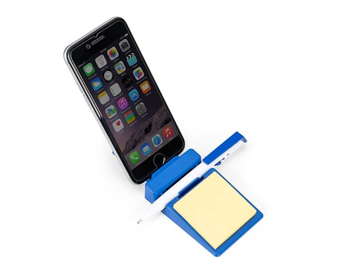 Suporte plástico para celular com caneta plástica e bloquinho de rascunho. Suporte colorido com encaixe para caneta e celular, acompanha bloquinho amarelo com aproximadamente 50 folhas e caneta plástica branca com detalhes coloridos(acompanha na mesma cor do suporte), aciona por clique e para destravar basta apertar a parte inferior do clip.