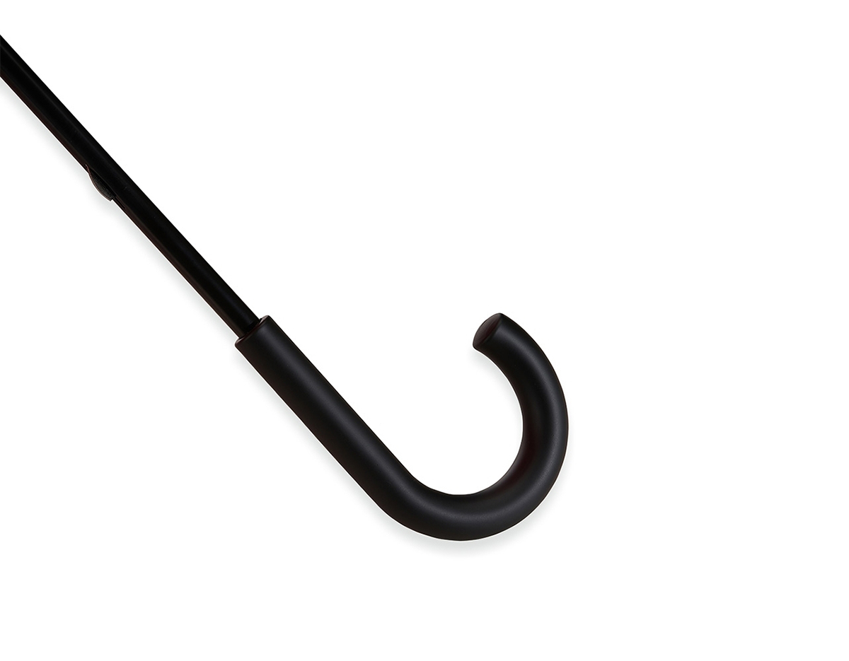 Guarda-chuva de nylon com extensão de tecido para ampliação da área de proteção. Com botão para acionamento, o guarda-chuva contém cabo emborrachado, estrutura metálica, 8 hastes de fibra e fita com velcro para lacre