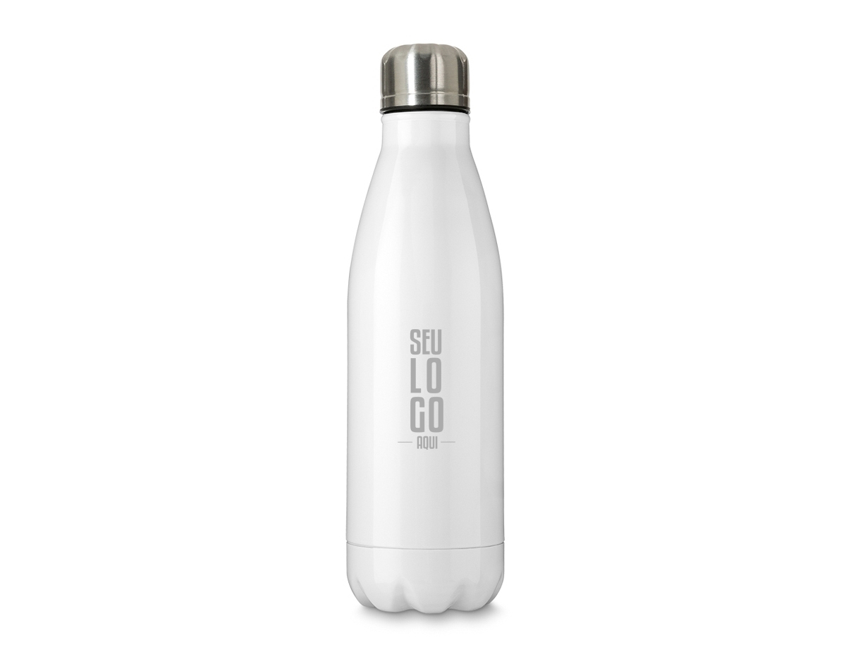 Garrafa térmica de inox com acabamento brilhante, capacidade de 500ml. Contém tampa de vedação rosqueável com detalhe externo em relevo.