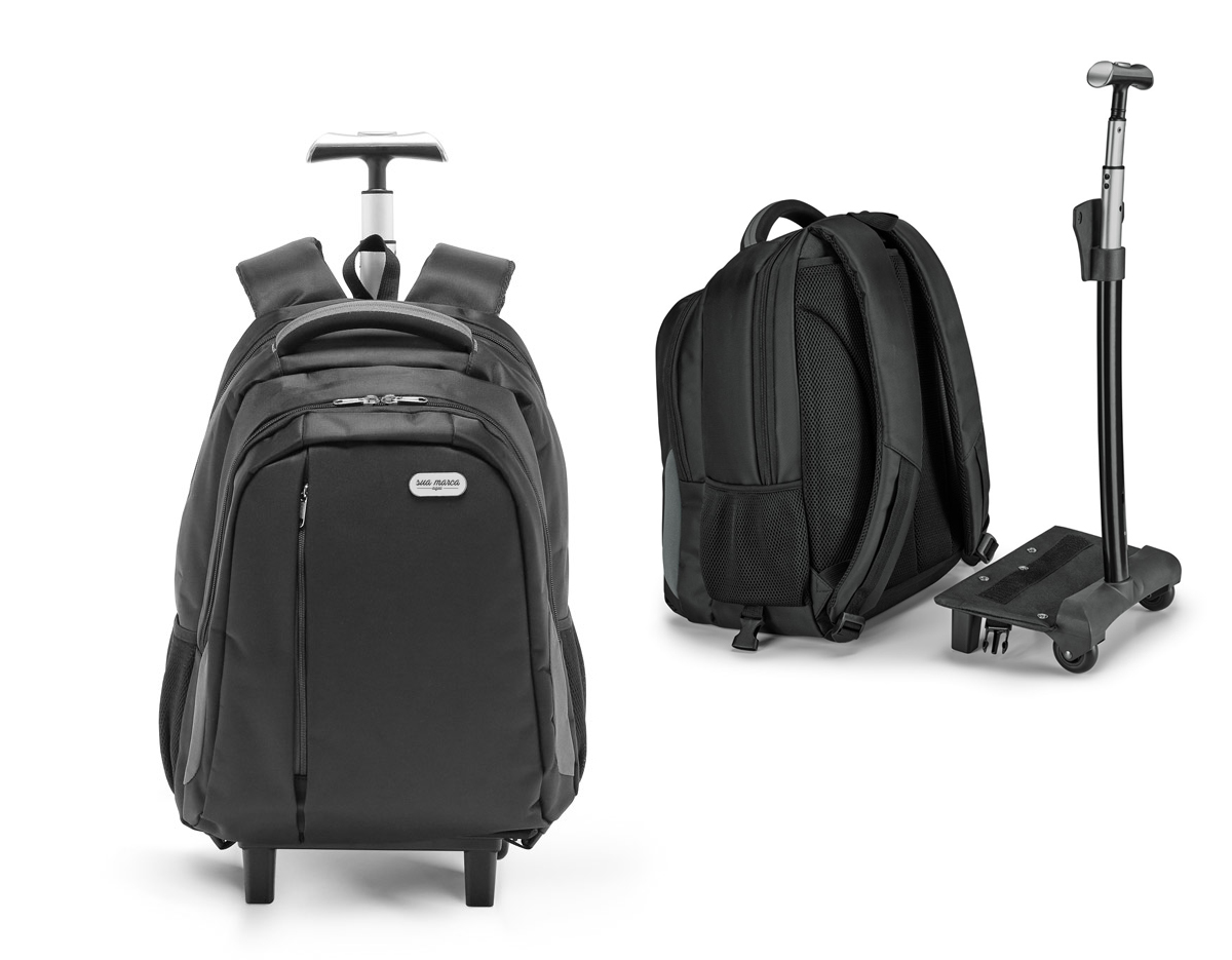 Mochila para notebook Material à prova de água. Com 2 rodas. Compartimento principal almofadado para notebook até 17''. Segundo compartimento forrado e com diversos bolsos