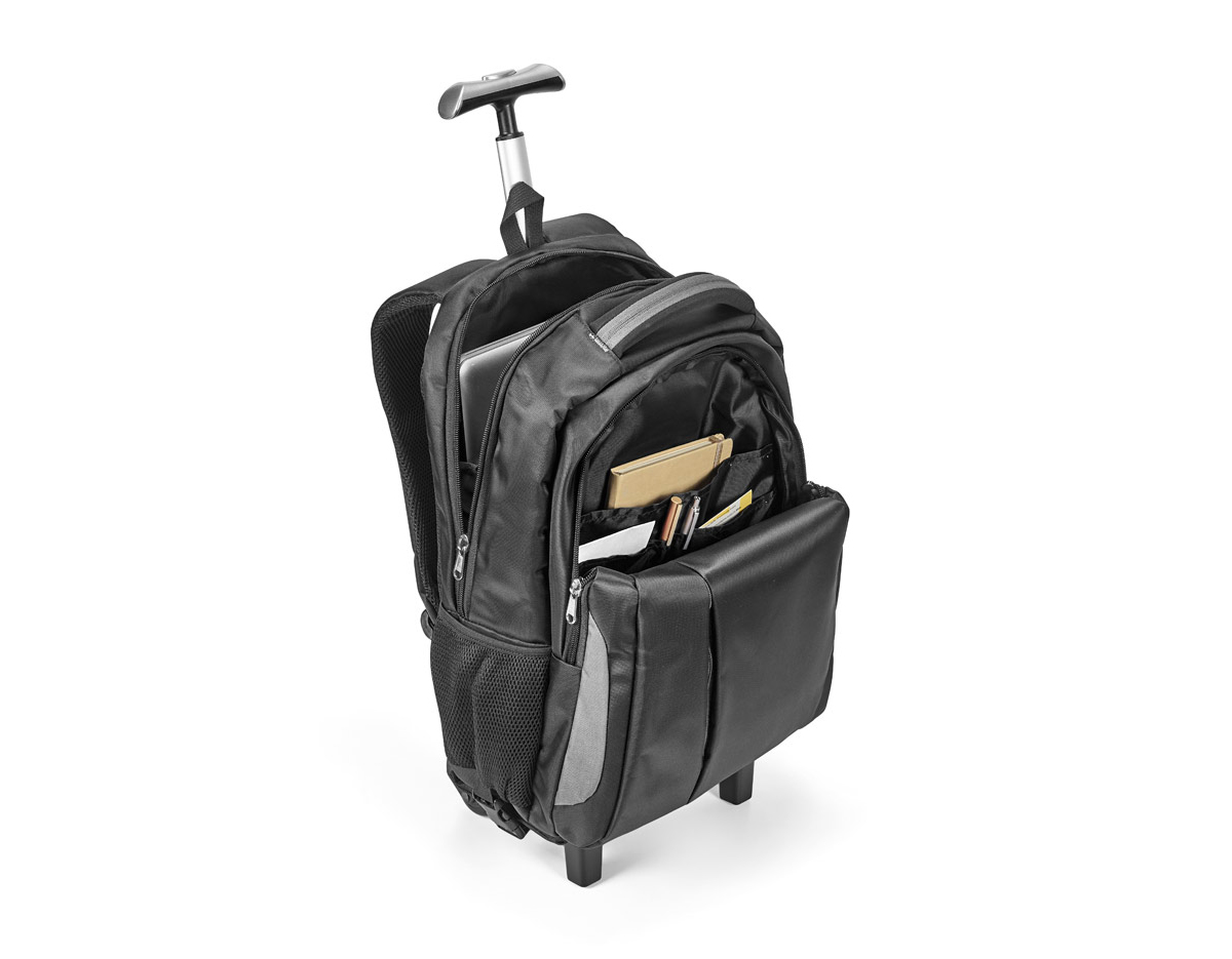 Mochila para notebook Material à prova de água. Com 2 rodas. Compartimento principal almofadado para notebook até 17''. Segundo compartimento forrado e com diversos bolsos