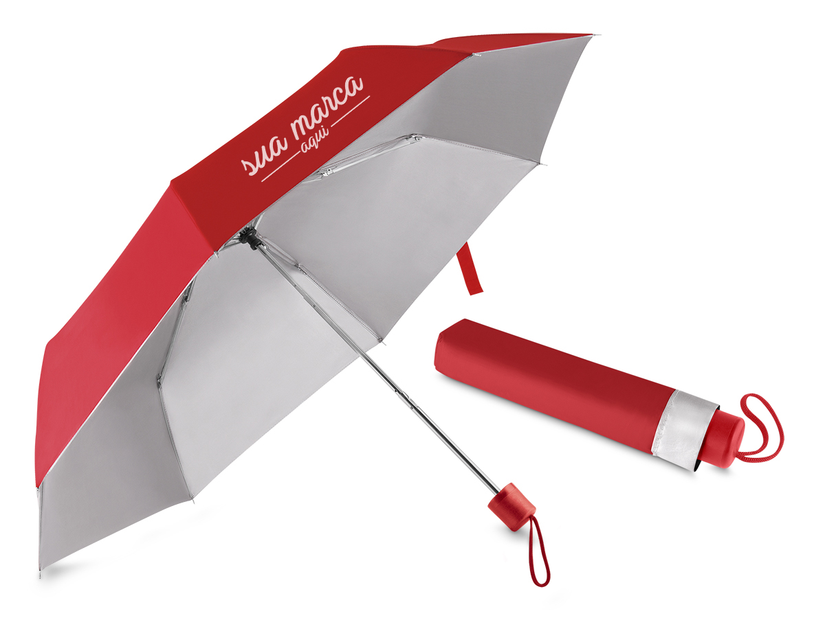 Guarda chuva com cabo plástico e haste de metal, com capa protetora, abertura manual, tecido poliéster, com oito varetas.