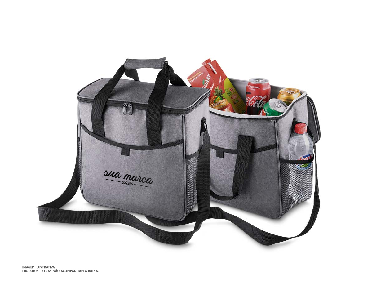 Bolsa térmica,capacidade 16 litros,tecido poliéster 300D, bolso frontal,alça de ombro regulável, parte interna soldada para retenção de líquidos,gravação da logomarca no bolso frontal ou tampa.