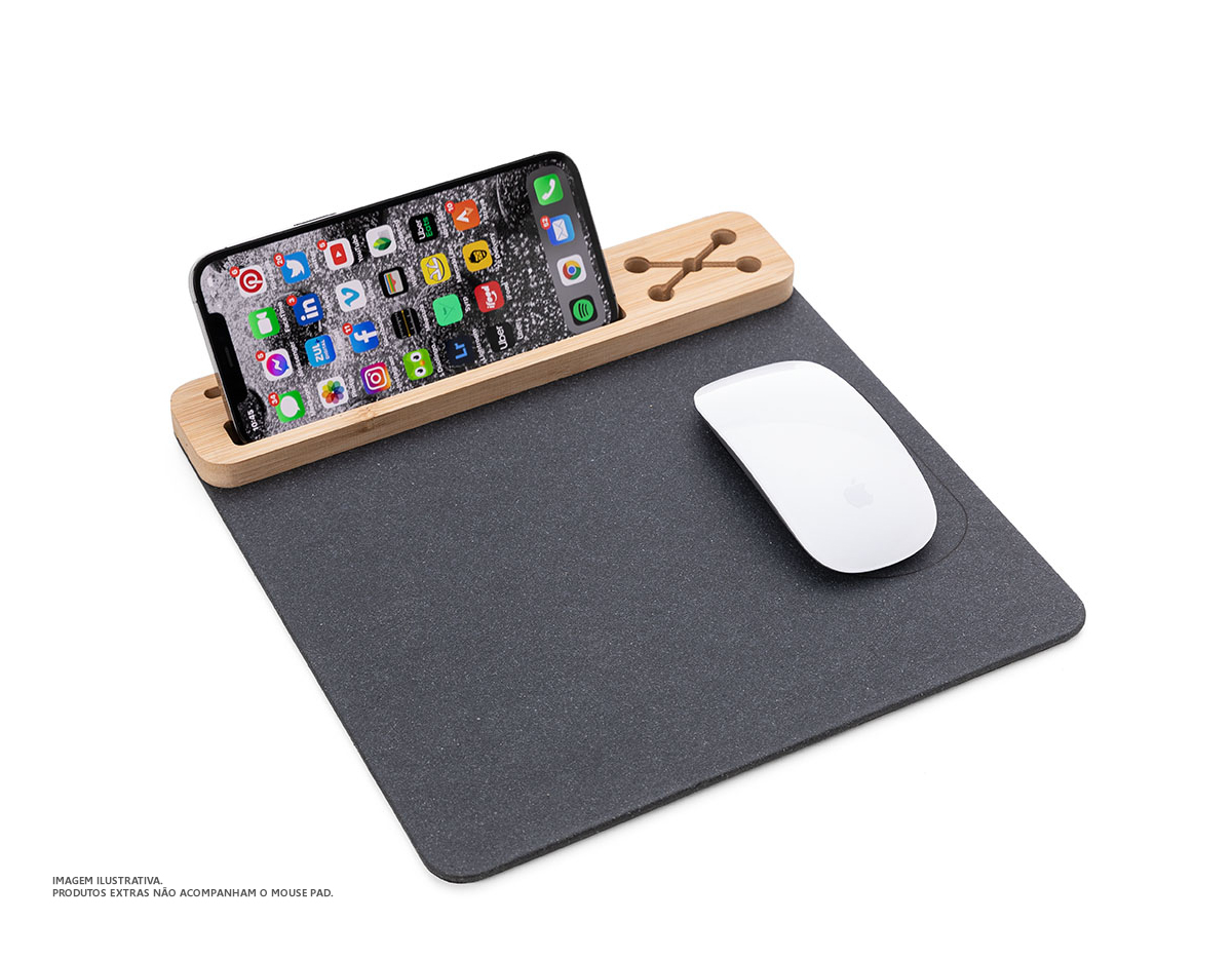 Mouse Pad em material sintético grafite e bambu, contendo:
Porta Canetas;
Porta Cartões;
Apoio para Celular.