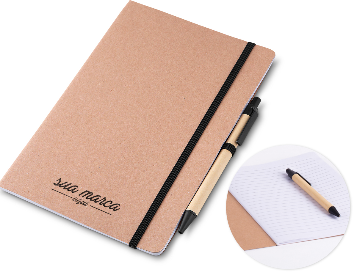 Bloco de anotações 21,5x14cm, capa em papel kraft com elástico, suporte para caneta e miolo com 30 folhas.
1 Caneta corpo em papel reciclado com detalhe em plástico.