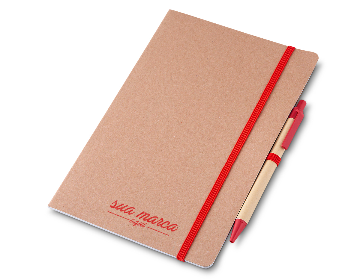 Bloco de anotações 21,5x14cm, capa em papel kraft com elástico, suporte para caneta e miolo com 30 folhas.
1 Caneta corpo em papel reciclado com detalhe em plástico.