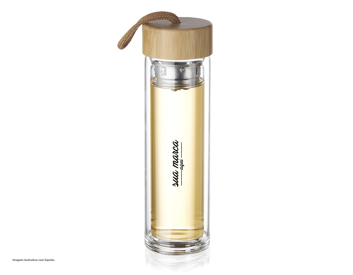 Garrafa de vidro borossilicato com parede dupla e capacidade de até 360 ml com infusor. Tampa rosqueável em bambu com anel de silicone para vedação e alça tipo corda.