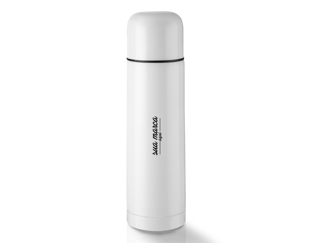 Garrafa em aço inox com parede dupla de 500 ml, conserva a temperatura quente ou fria e sua tampa pode ser usada como copo.