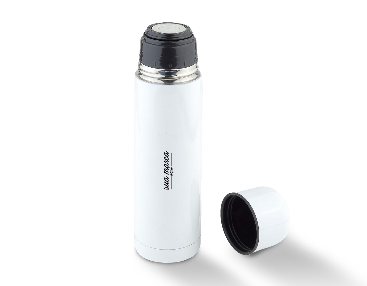 Garrafa em aço inox com parede dupla de 500 ml, conserva a temperatura quente ou fria e sua tampa pode ser usada como copo.