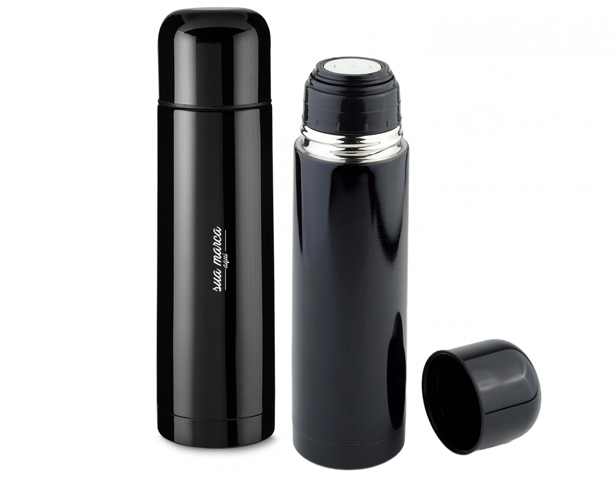 Garrafa em aço inox com parede dupla de 500 ml, conserva a temperatura quente ou fria e sua tampa pode ser usada como copo.