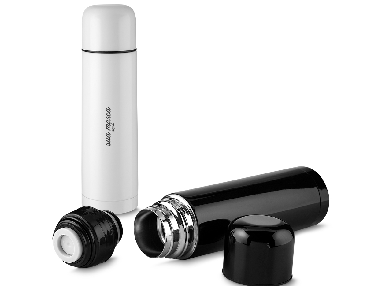 Garrafa em aço inox com parede dupla de 500 ml, conserva a temperatura quente ou fria e sua tampa pode ser usada como copo.