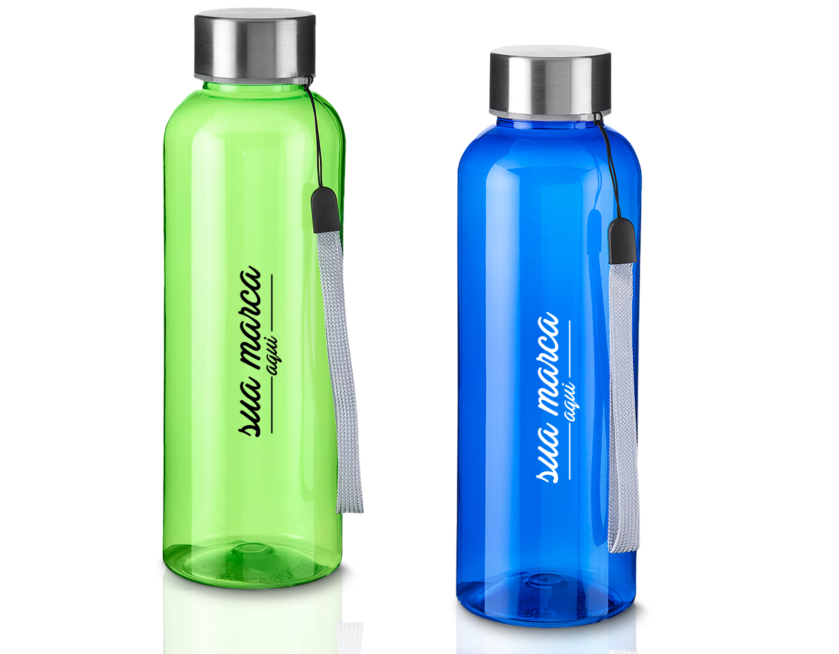 Garrafa Plástica 500ml, com alça e tampa de metal.