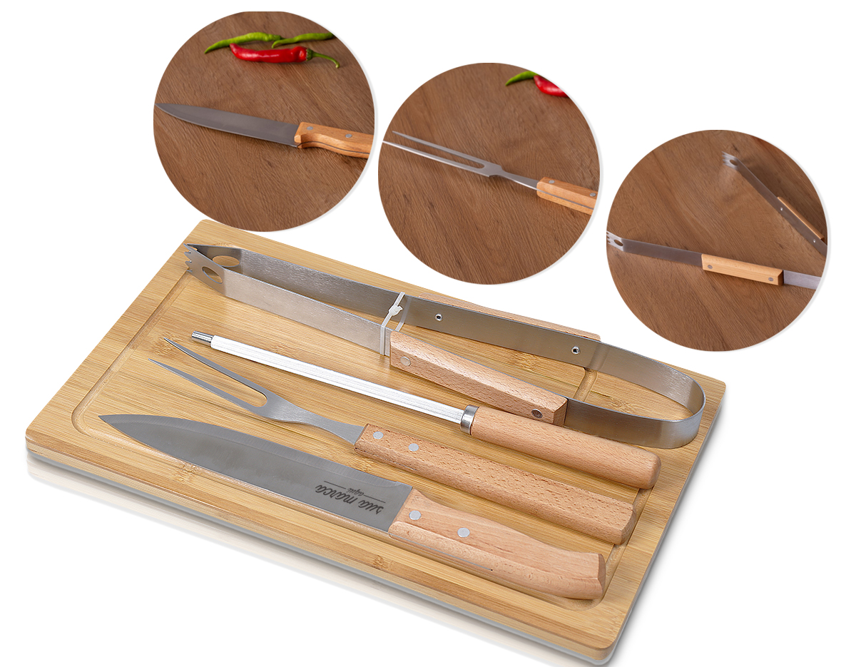 Kit churrasco, contendo:
Tábua
Garfo trinchante
Faca para carne 8
Chaira
Pegador
