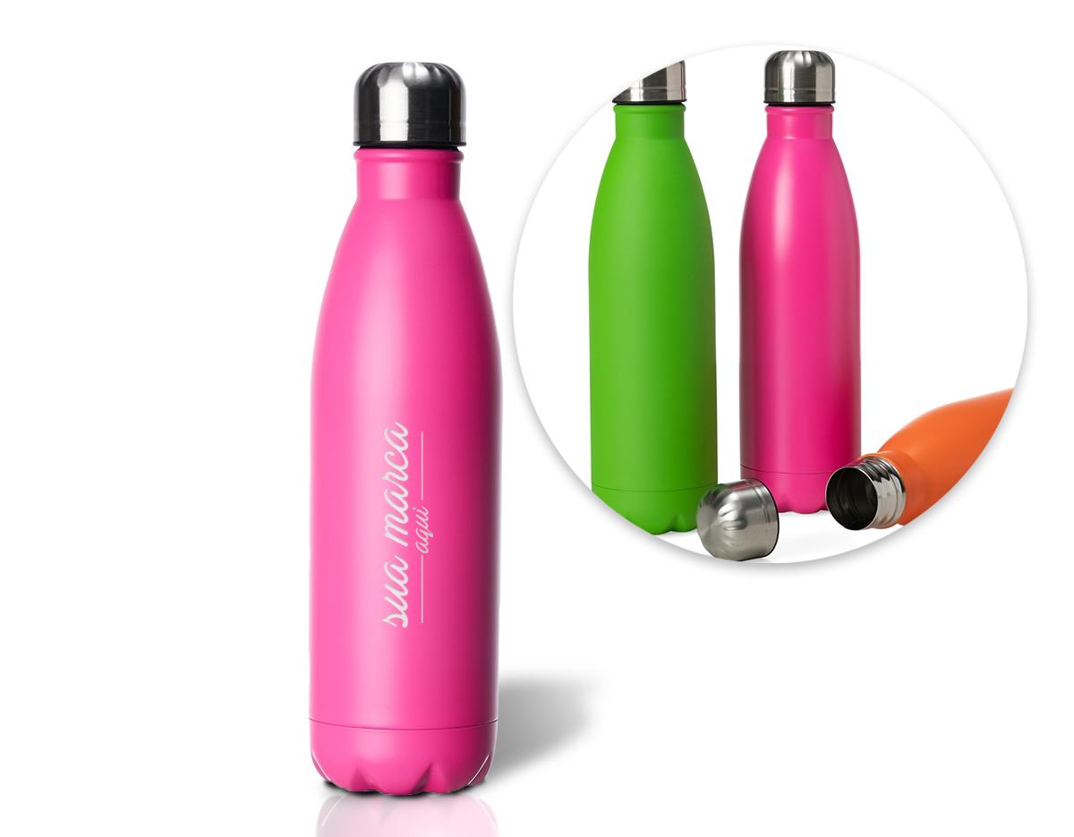 Garrafa 750ml em inox com tampa rosqueável e pintura fosca cítrica. Obs.: Não é um modelo térmico
