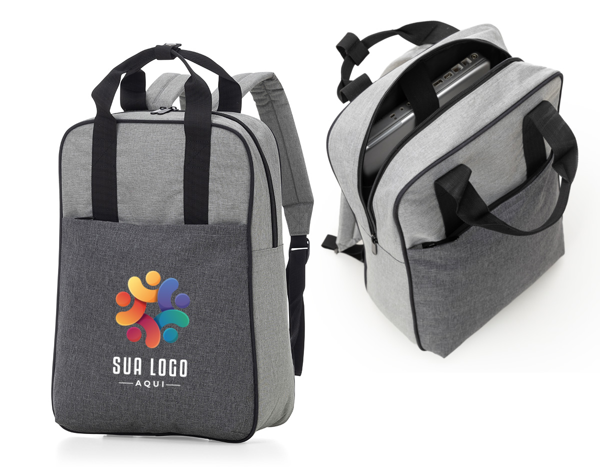 Mochila p/ Notebook em tecido poliéster parte externa
Bolsos frontal com ziper;
Alça de mão e ombro.
Parte interna:
Compartimento para notebook.
Tamanho total do Notebook - 17