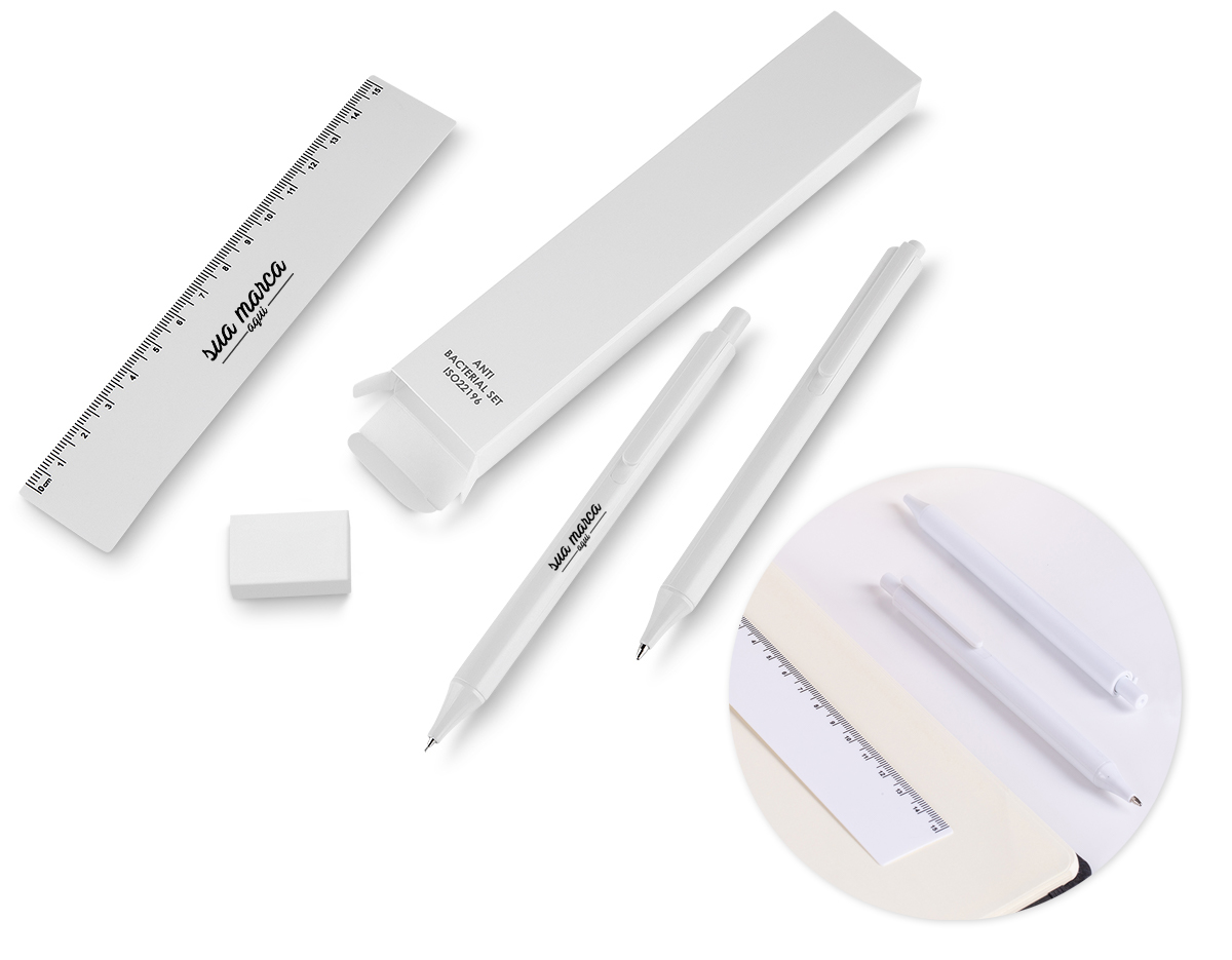 Kit escritório, contendo
1 Caneta plástica retrátil;
1 Lapiseira plástica retrátil;
1 Régua plástica 15cm;
1 Borracha