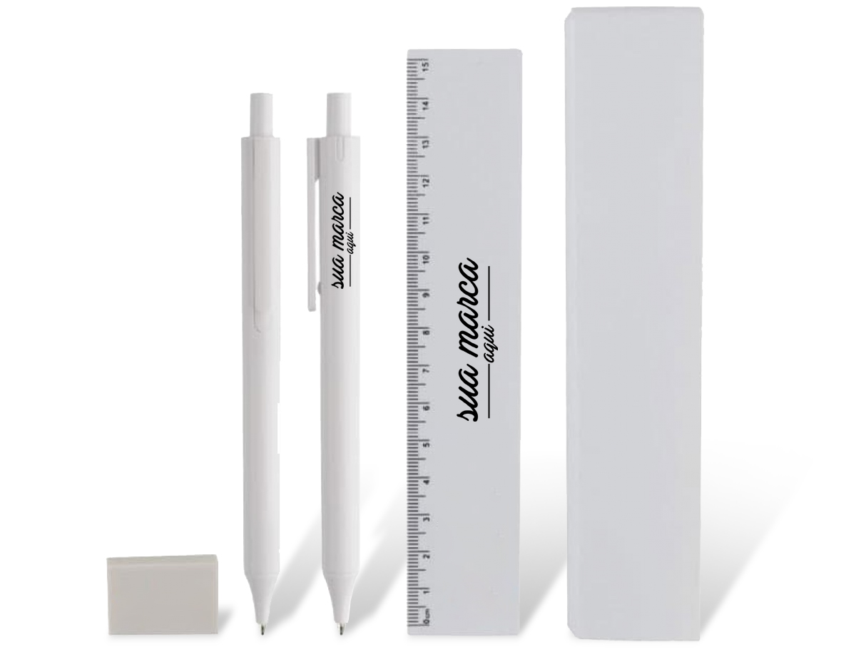 Kit escritório, contendo
1 Caneta plástica retrátil;
1 Lapiseira plástica retrátil;
1 Régua plástica 15cm;
1 Borracha