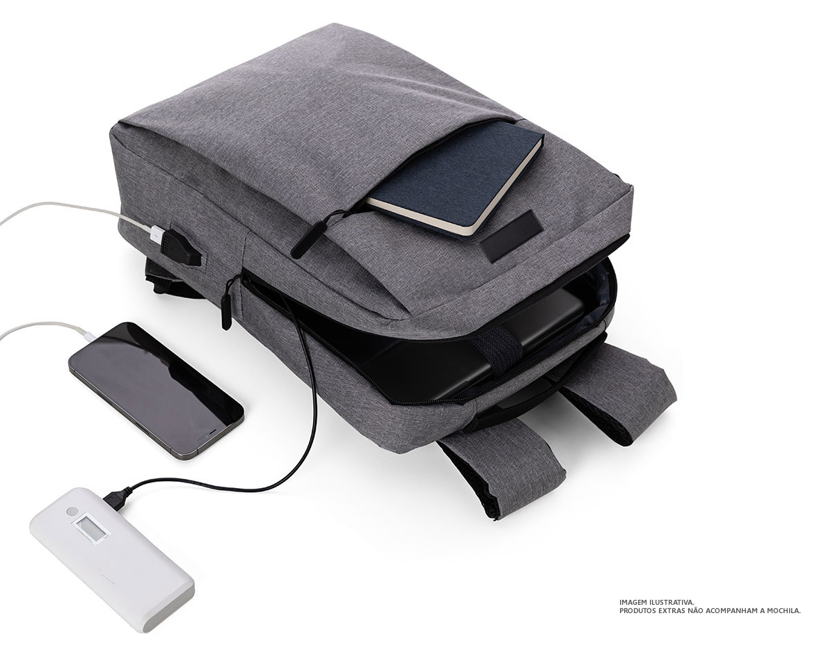 Mochila p/ Notebook em tecido poliéster. acompanha placa Compartimento acolchoado p/ notebook de 39x27cm;
Tamanho total do Notebook - 17