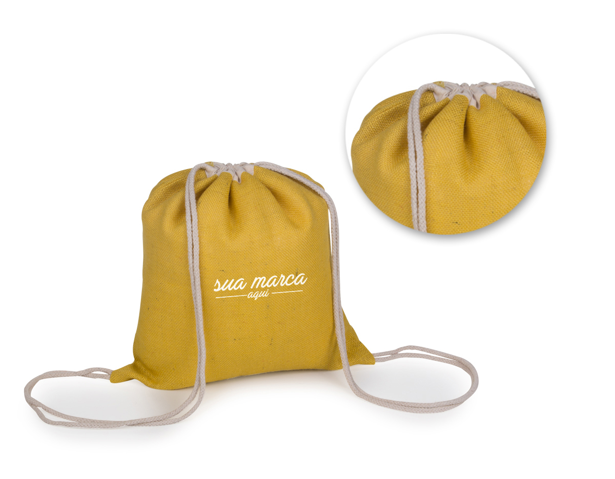 Sacola / Mochila em juta 100% natural com alças duplas em cordão de algodão para fechamento e transporte
