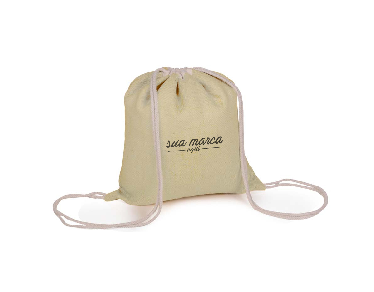 Sacola / Mochila em juta 100% natural com alças duplas em cordão de algodão para fechamento e transporte