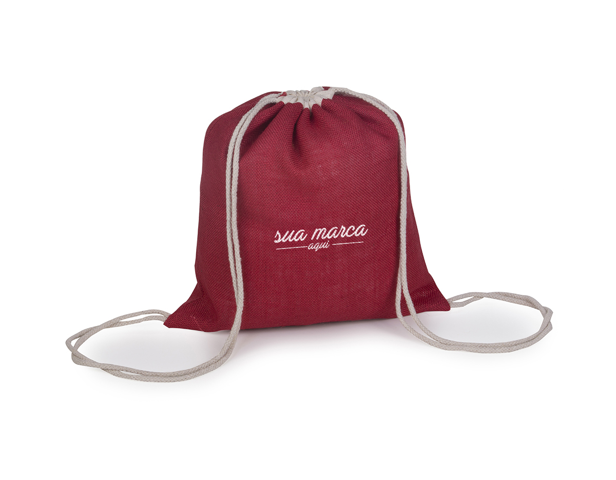 Sacola / Mochila em juta 100% natural com alças duplas em cordão de algodão para fechamento e transporte