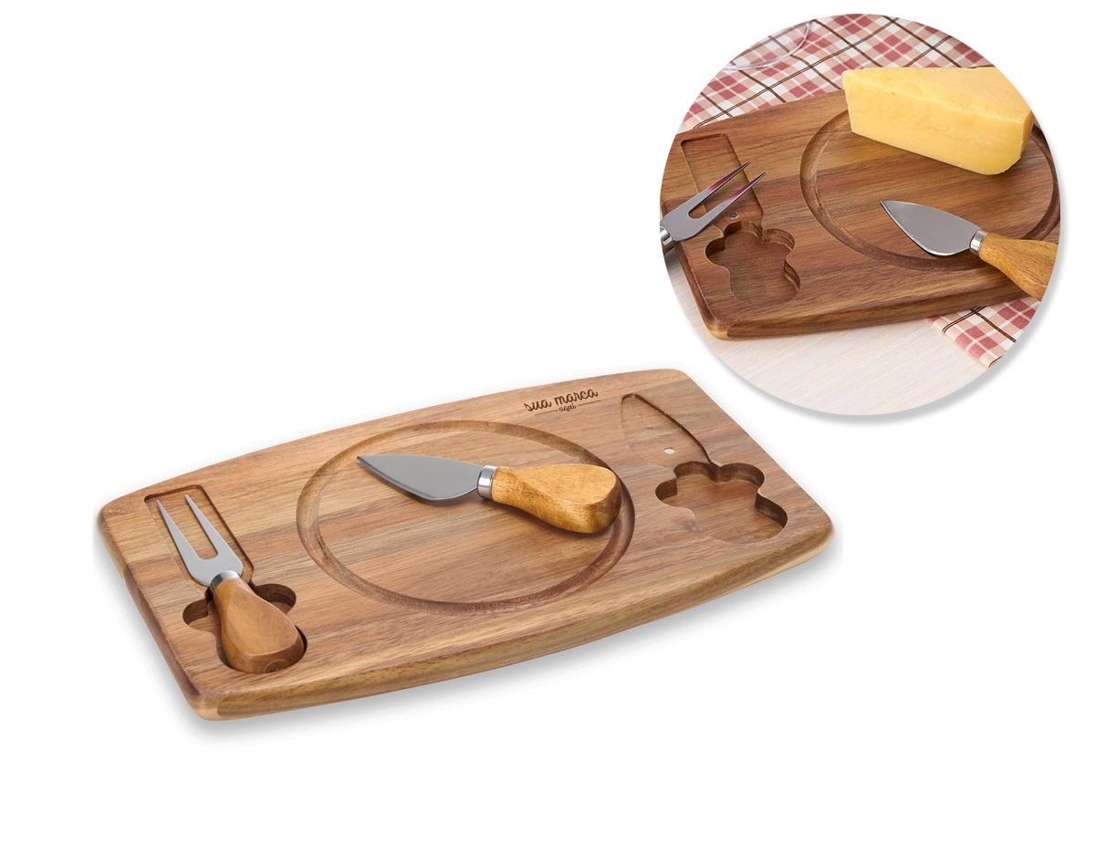 kit queijo 3 peças, contém: tábua de madeira com canaleta, faca com ponta, e garfo. Tábua com imã para encaixe e fixação dos utensílios.