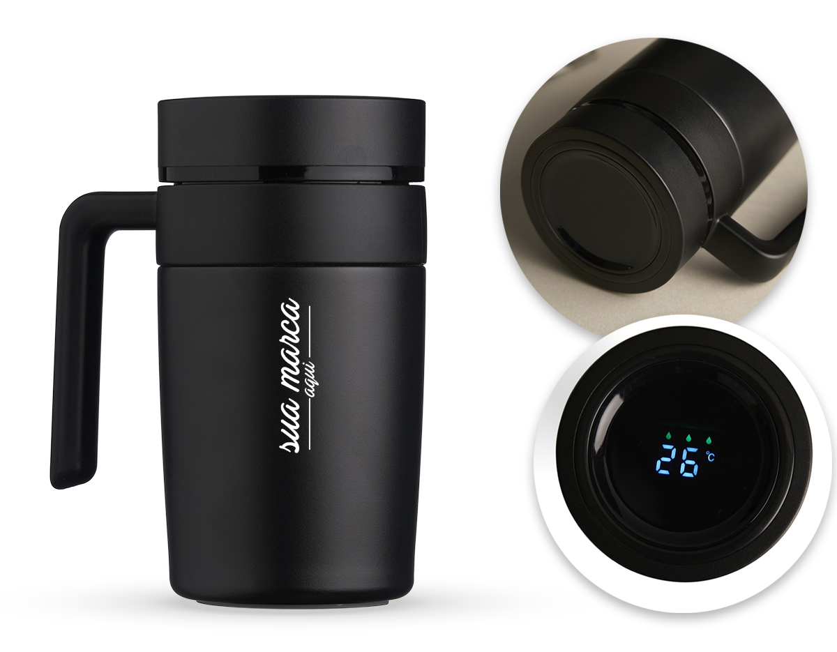 Caneca Térmica inox 500ml com infusor, e display LED com termômetro digital na tampa para indicar a temperatura do líquido.