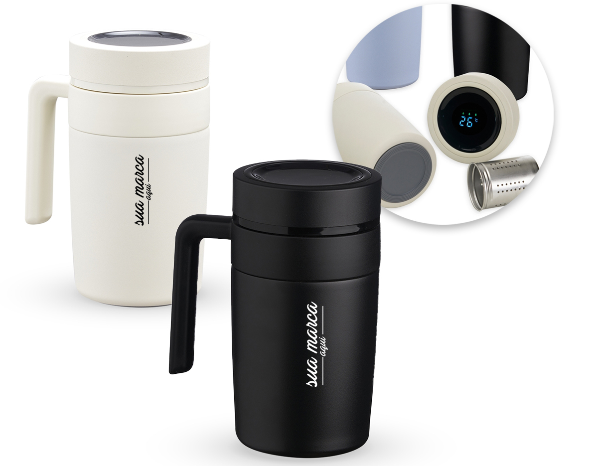 Caneca Térmica inox 500ml com infusor, e display LED com termômetro digital na tampa para indicar a temperatura do líquido.