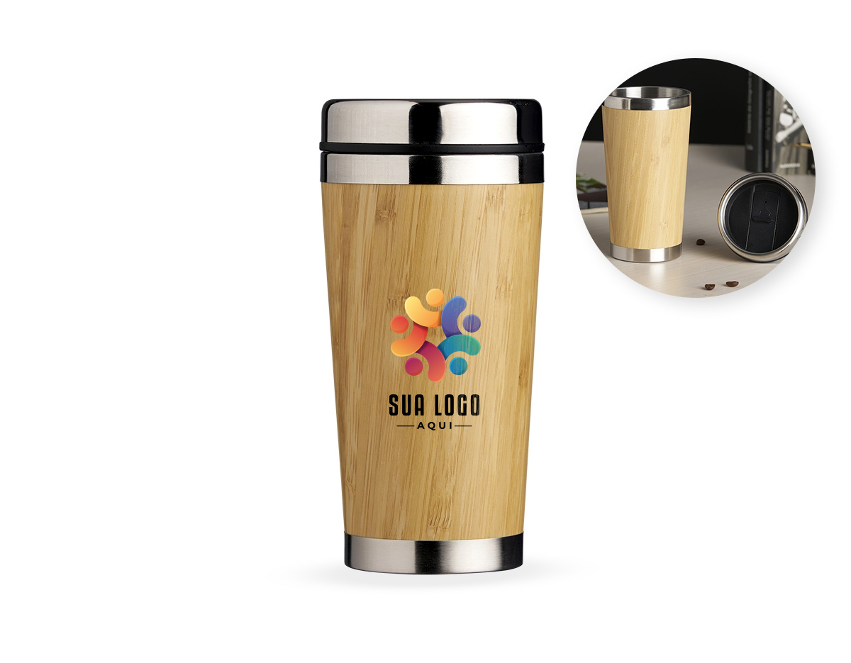 Copo Bambu de 500ml, parte interna em inox. Possui tampa com compartimento que pode ser aberto para beber.