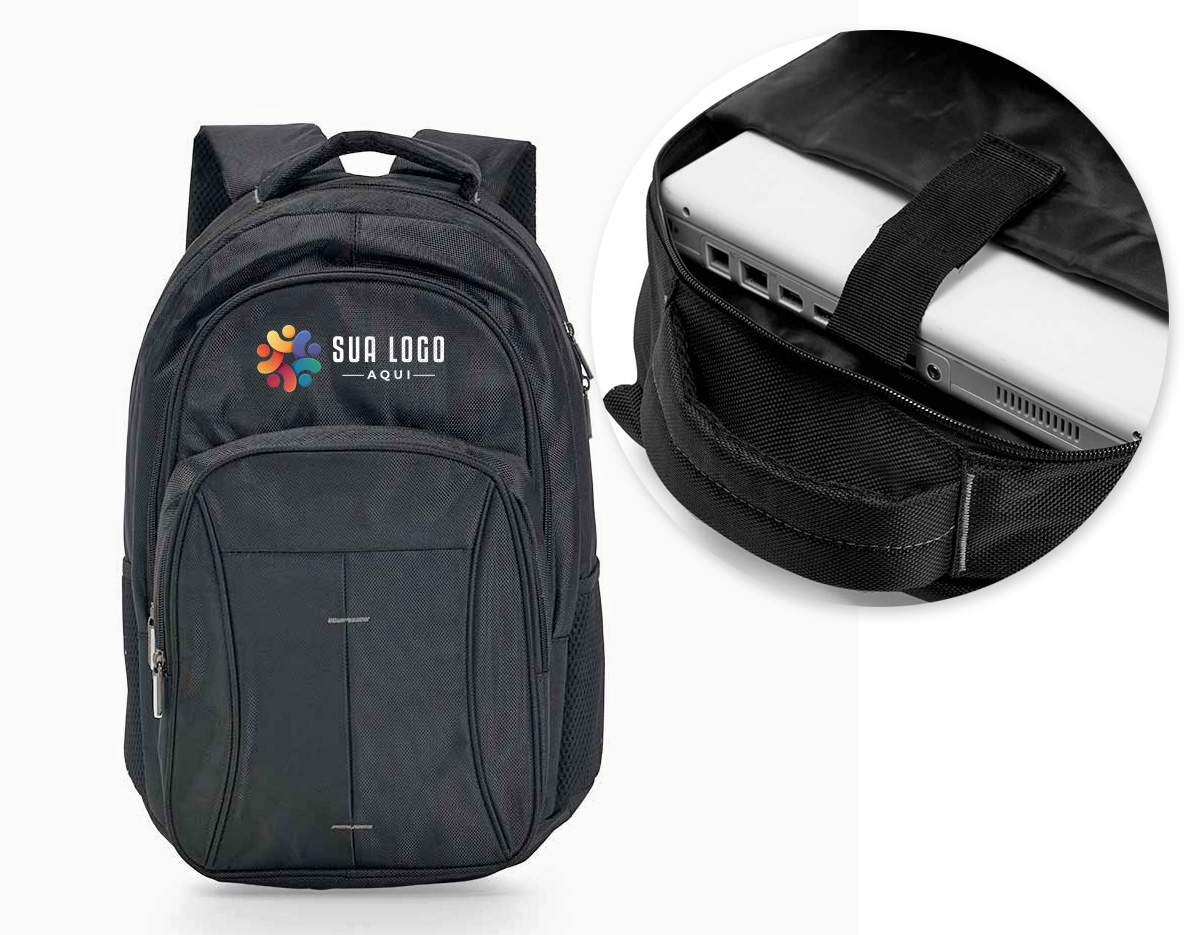 Mochila confeccionada em poliéster com compartimento para notebook. Contém compartimento grande com bolso para notebook até 15,6 polegadas, compartimento mediano com zíper, bolso frontal com ziper, alça de mão, alças de ombro e costas acolchoada com revestimento antitranspirante e bolsos laterais telados
