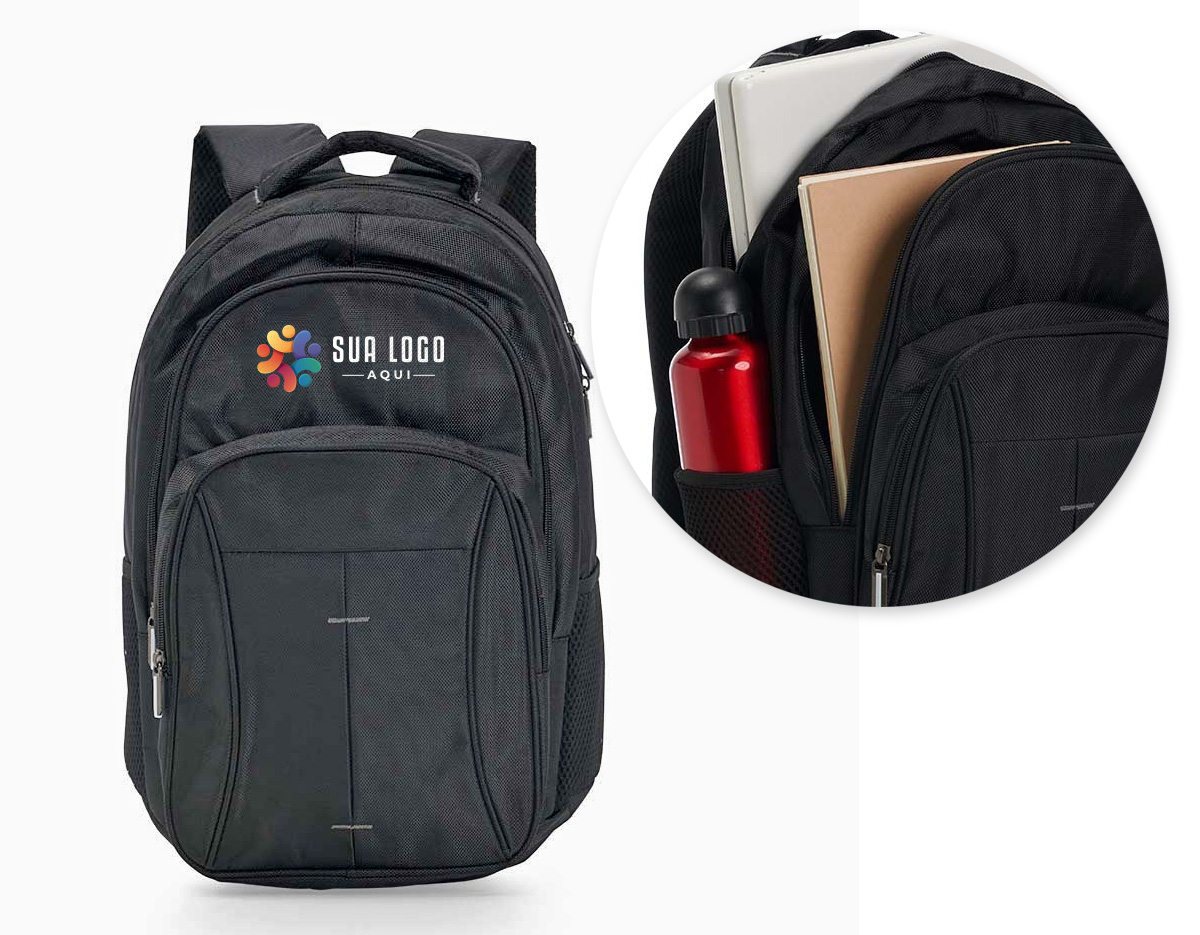 Mochila confeccionada em poliéster com compartimento para notebook. Contém compartimento grande com bolso para notebook até 15,6 polegadas, compartimento mediano com zíper, bolso frontal com ziper, alça de mão, alças de ombro e costas acolchoada com revestimento antitranspirante e bolsos laterais telados