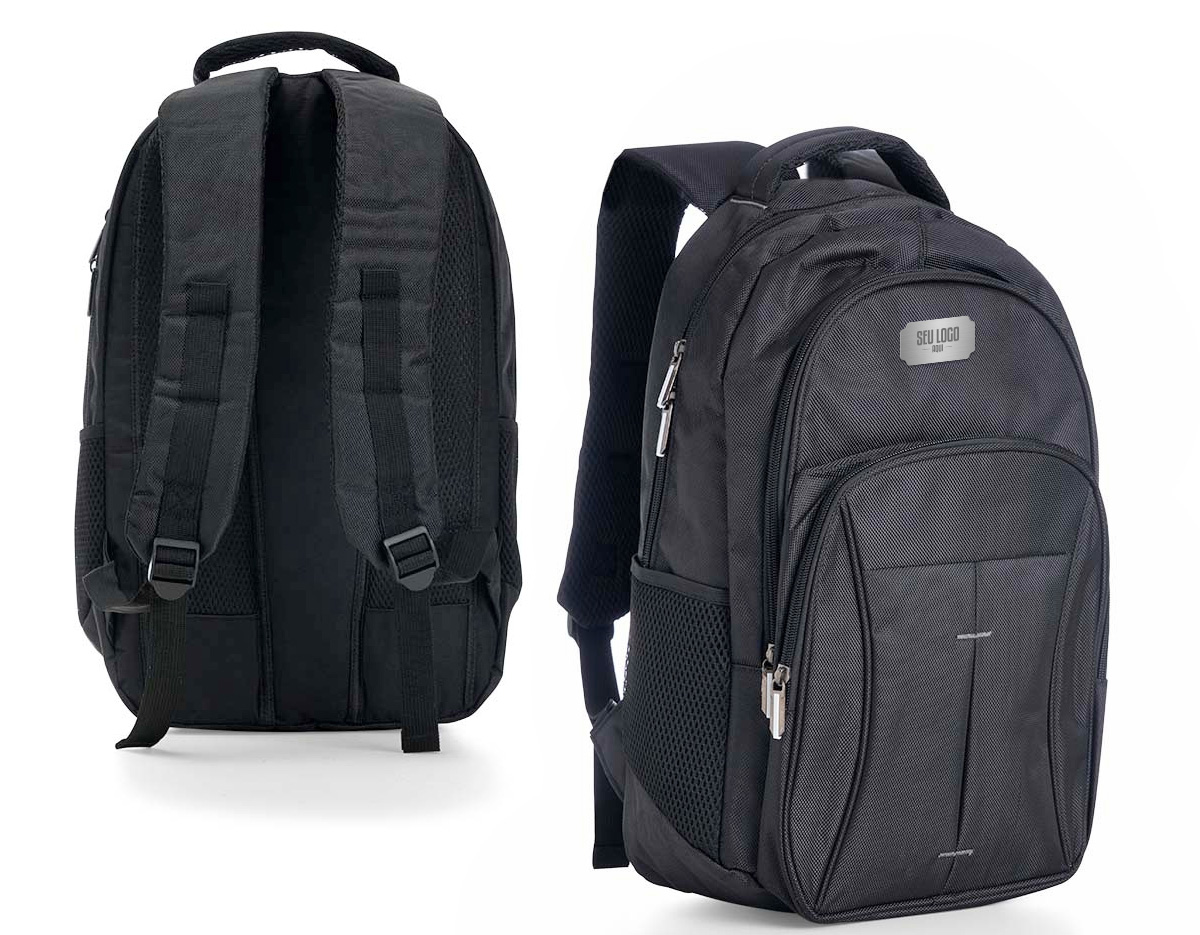 Mochila confeccionada em poliéster com compartimento para notebook. Contém compartimento grande com bolso para notebook até 15,6 polegadas, compartimento mediano com zíper, bolso frontal com ziper, alça de mão, alças de ombro e costas acolchoada com revestimento antitranspirante e bolsos laterais telados