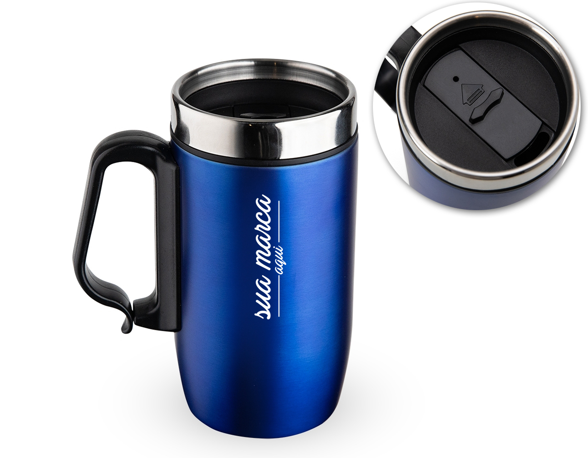 Caneca 275 ml parede dupla em Inox, com pegador de plástico, contém tampa com compartimento que ao deslizar, pode ser aberto para beber e base com EVA antiderrapante.