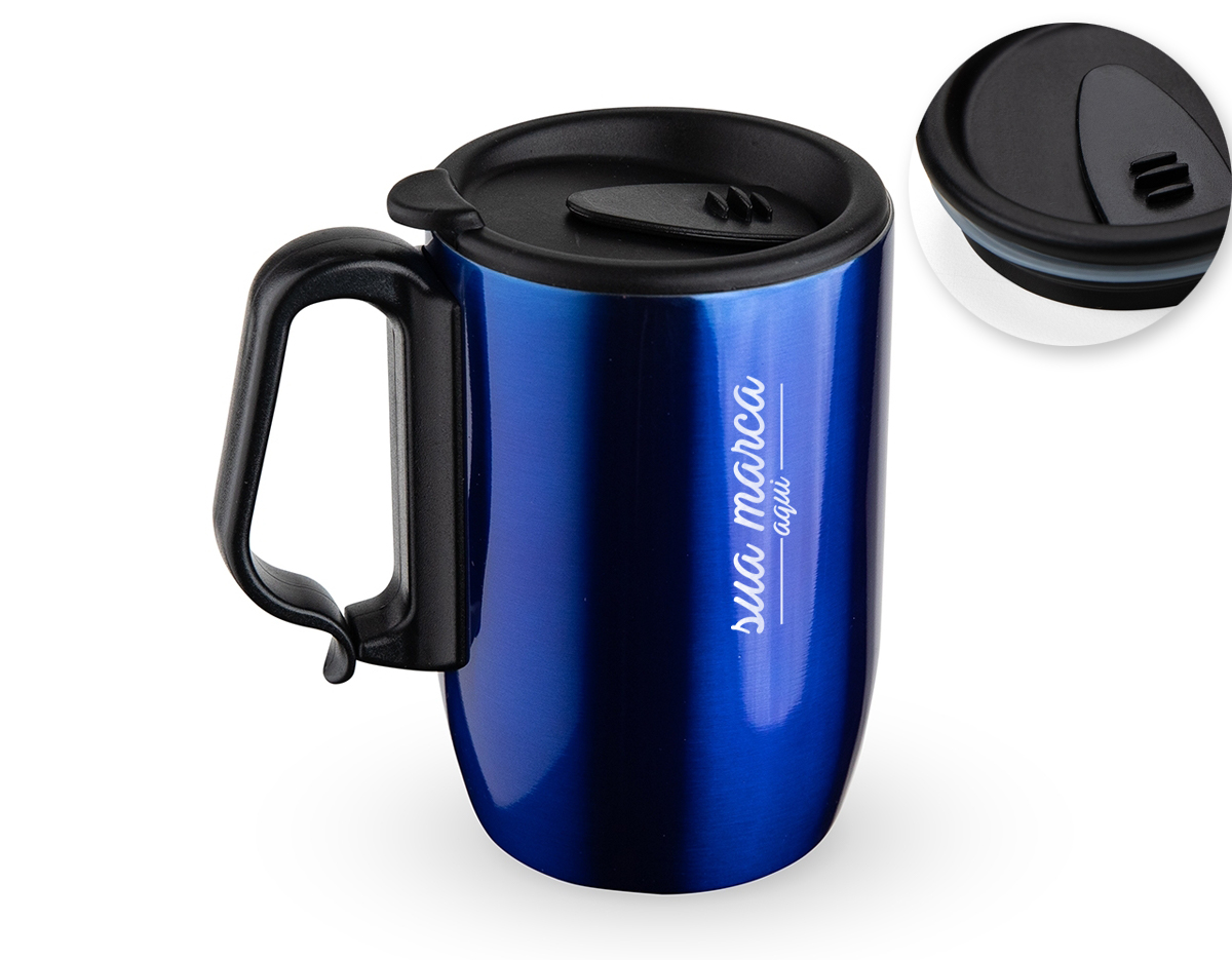 Caneca 400 ml parede dupla em Inox, com pegador de plástico, contém tampa com compartimento que ao deslizar, pode ser aberto para beber e base com EVA antiderrapante.