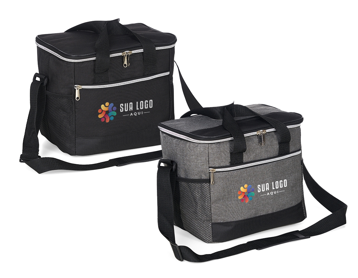 Bolsa térmica confeccionada em poliéster resistente à água e capacidade de até 15 litros. Possui revestimento interno em PEVA antivazamento, que ajuda a conservar a temperatura de alimentos e bebidas por mais tempo. Conta com bolso frontal com zíper, dois bolsos laterais em tela de nylon, alças de mão e alça transversal fixa, regulável e com apoio para ombro.