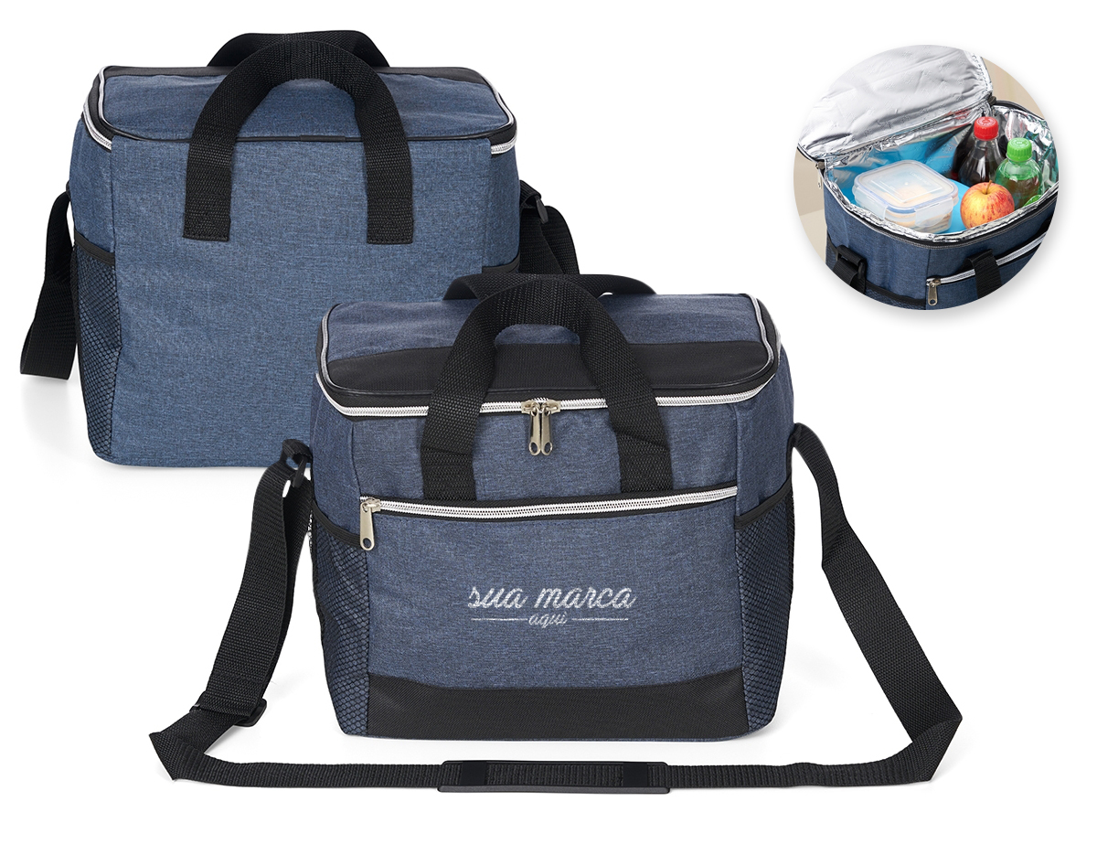 Bolsa térmica confeccionada em poliéster resistente à água e capacidade de até 15 litros. Possui revestimento interno em PEVA antivazamento, que ajuda a conservar a temperatura de alimentos e bebidas por mais tempo. Conta com bolso frontal com zíper, dois bolsos laterais em tela de nylon, alças de mão e alça transversal fixa, regulável e com apoio para ombro.