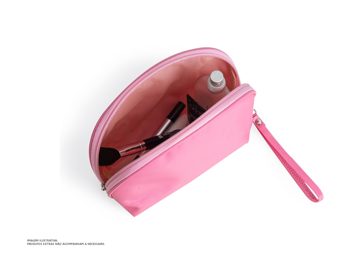 Necessaire impermeável de nylon com forro em poliéster, acompanha alça com gancho para encaixe.