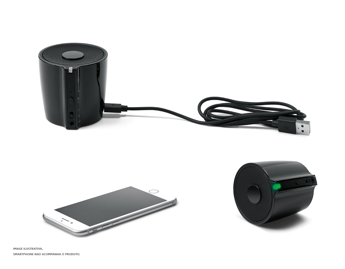 caixa de som com microfone de design moderno e discreto em ABS. A caixa é um objeto que se torna um parceiro para todos os momentos devido às suas características técnicas e funcionais como botão para atender chamadas e conexão à playlist do dispositivo móvel. A BLARE tem transmissão por bluetooth 5.0, alcance até 10 m e frequência de 90Hz-20kHz. A sua capacidade é de 500 mAh, 3W/4O e tem autonomia até 6 h.