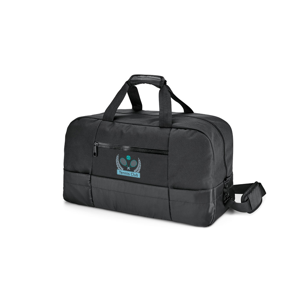 Bolsa esportiva executivo em 840D jacquard e 300D e interior forrado. Contém bolsos frontais, fundo com placa semi-rígida e alça de ombro ajustável com reforço almofadado